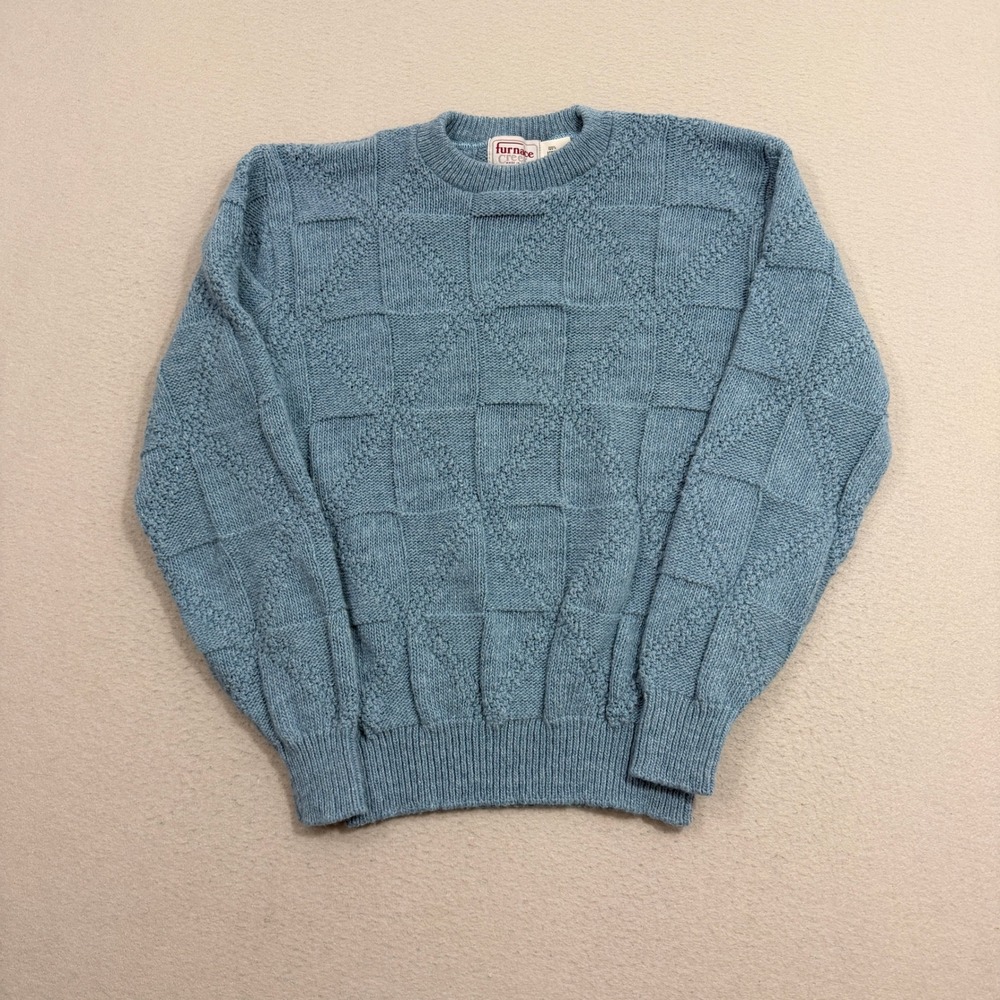 Vintage Furnace Creek Sweater Large Blue Geometric Textured Knit Crewneck USA